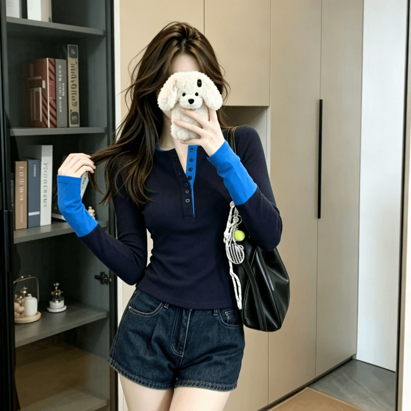 실사 아메리칸 복잡한 고대 돈 바람 배색 긴팔 티셔츠 2026 이른 가을 새로운 몸매 가꾸기 인사이드 가져 가라. 기본 셔츠 맨위 상세 이미지 2