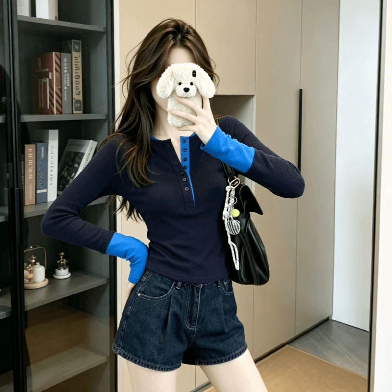 실사 아메리칸 복잡한 고대 돈 바람 배색 긴팔 티셔츠 2026 이른 가을 새로운 몸매 가꾸기 인사이드 가져 가라. 기본 셔츠 맨위 상세 이미지 7