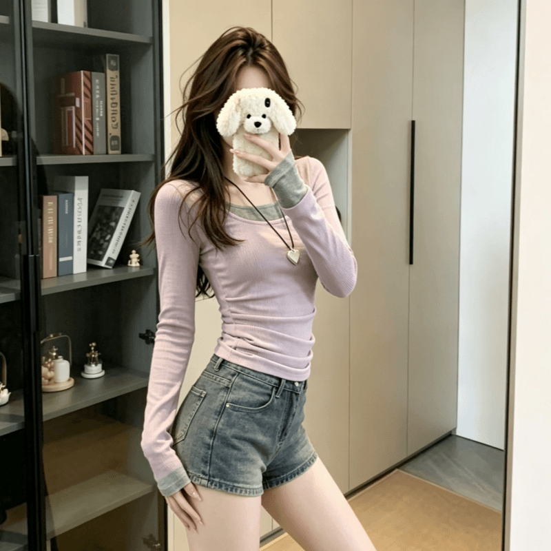 실사 모달 긴팔 티셔츠 여성 의류 얇은 스타일 2026 이른 가을 새로운 페이크 레이어드 몸매 가꾸기 라운드 넥 기본 셔츠 이미지 3