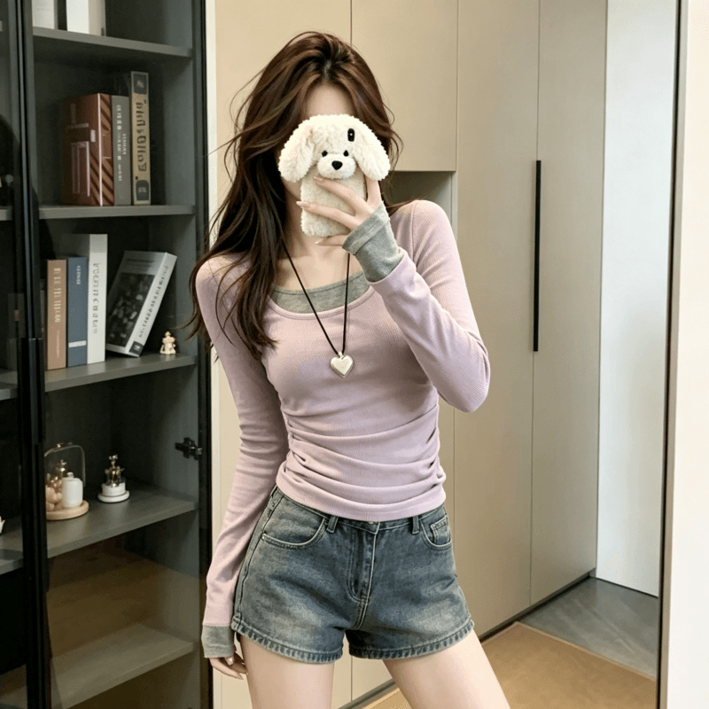 실사 모달 긴팔 티셔츠 여성 의류 얇은 스타일 2026 이른 가을 새로운 페이크 레이어드 몸매 가꾸기 라운드 넥 기본 셔츠