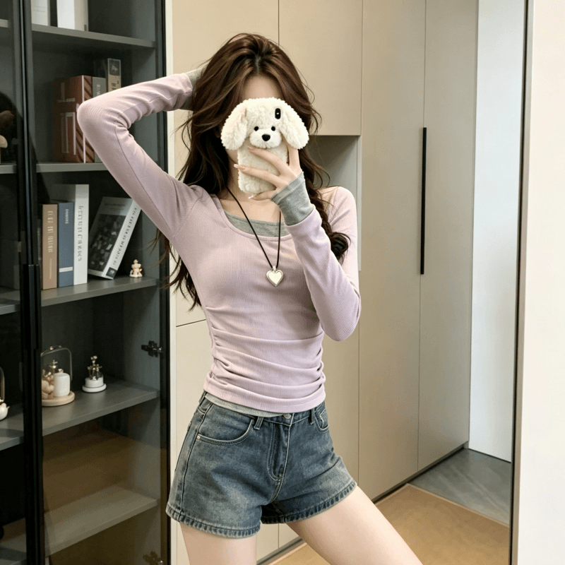 실사 모달 긴팔 티셔츠 여성 의류 얇은 스타일 2026 이른 가을 새로운 페이크 레이어드 몸매 가꾸기 라운드 넥 기본 셔츠 상세 이미지 4