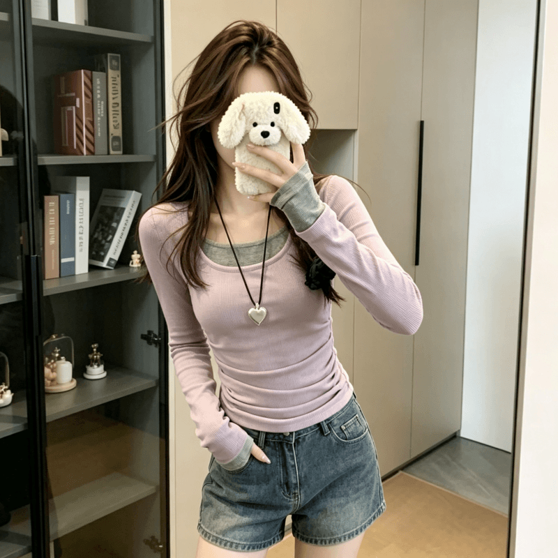 실사 모달 긴팔 티셔츠 여성 의류 얇은 스타일 2026 이른 가을 새로운 페이크 레이어드 몸매 가꾸기 라운드 넥 기본 셔츠 상세 이미지 5