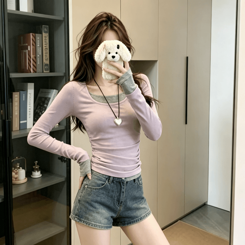 실사 모달 긴팔 티셔츠 여성 의류 얇은 스타일 2026 이른 가을 새로운 페이크 레이어드 몸매 가꾸기 라운드 넥 기본 셔츠 상세 이미지 6