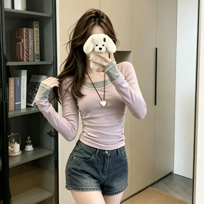 실사 모달 긴팔 티셔츠 여성 의류 얇은 스타일 2026 이른 가을 새로운 페이크 레이어드 몸매 가꾸기 라운드 넥 기본 셔츠 상세 이미지 7
