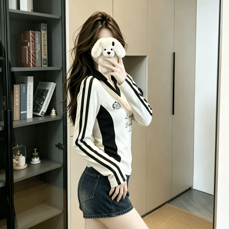 실사 정가 이른 봄 한국 스타일 핫걸 배색 POLO 칼라 바 기사 프린트 디자인 센스 긴팔 인사이드 가져 가라. 티셔츠 맨위 이미지 4