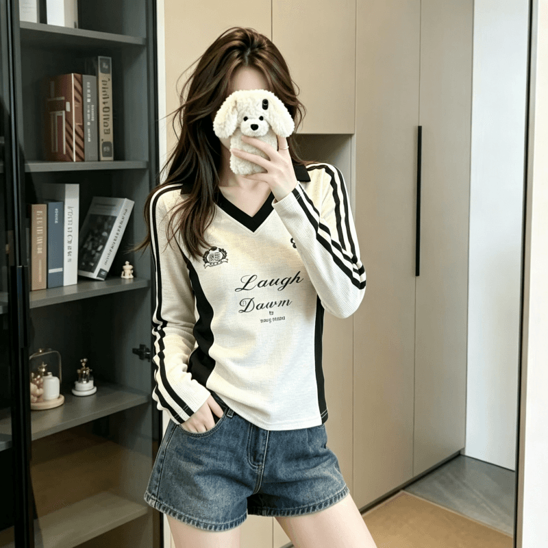 실사 정가 이른 봄 한국 스타일 핫걸 배색 POLO 칼라 바 기사 프린트 디자인 센스 긴팔 인사이드 가져 가라. 티셔츠 맨위 이미지 2