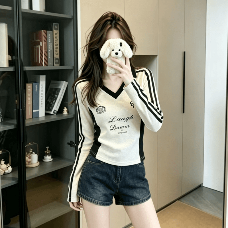 실사 정가 이른 봄 한국 스타일 핫걸 배색 POLO 칼라 바 기사 프린트 디자인 센스 긴팔 인사이드 가져 가라. 티셔츠 맨위 상세 이미지 6