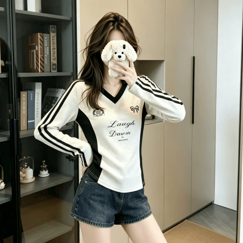 실사 정가 이른 봄 한국 스타일 핫걸 배색 POLO 칼라 바 기사 프린트 디자인 센스 긴팔 인사이드 가져 가라. 티셔츠 맨위 상세 이미지 8