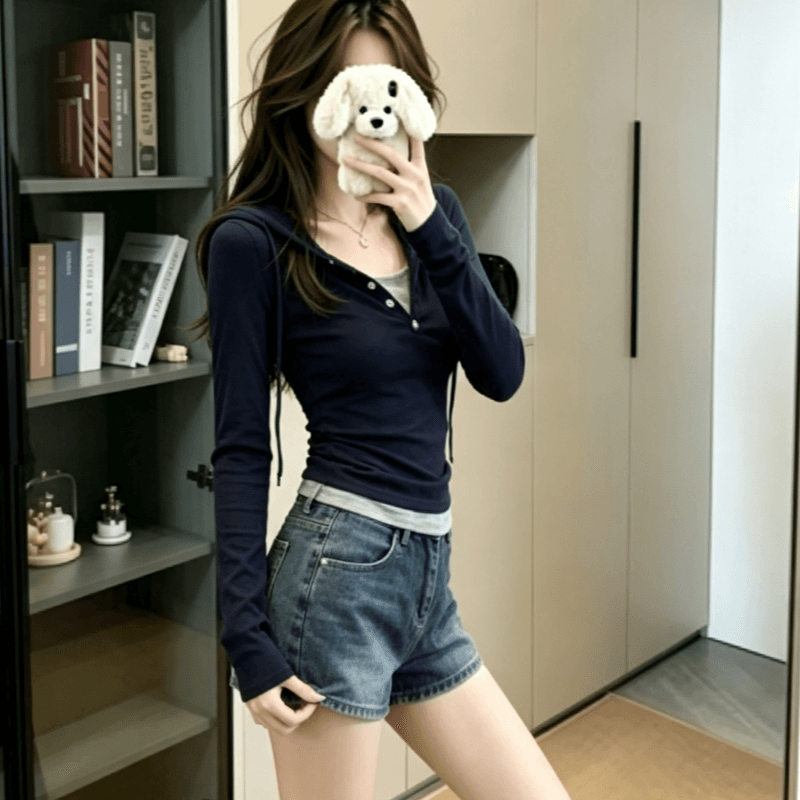 실사 프랑스식 페이크 레이어드 후드 기본 셔츠 긴팔 티셔츠 여성 봄 가을 새로운 작은 키 인사이드 가져 가라. 쇼트 스타일 맨위 이미지 3