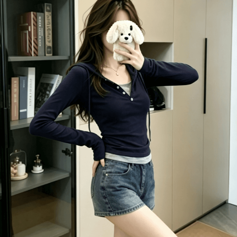실사 프랑스식 페이크 레이어드 후드 기본 셔츠 긴팔 티셔츠 여성 봄 가을 새로운 작은 키 인사이드 가져 가라. 쇼트 스타일 맨위 이미지 5