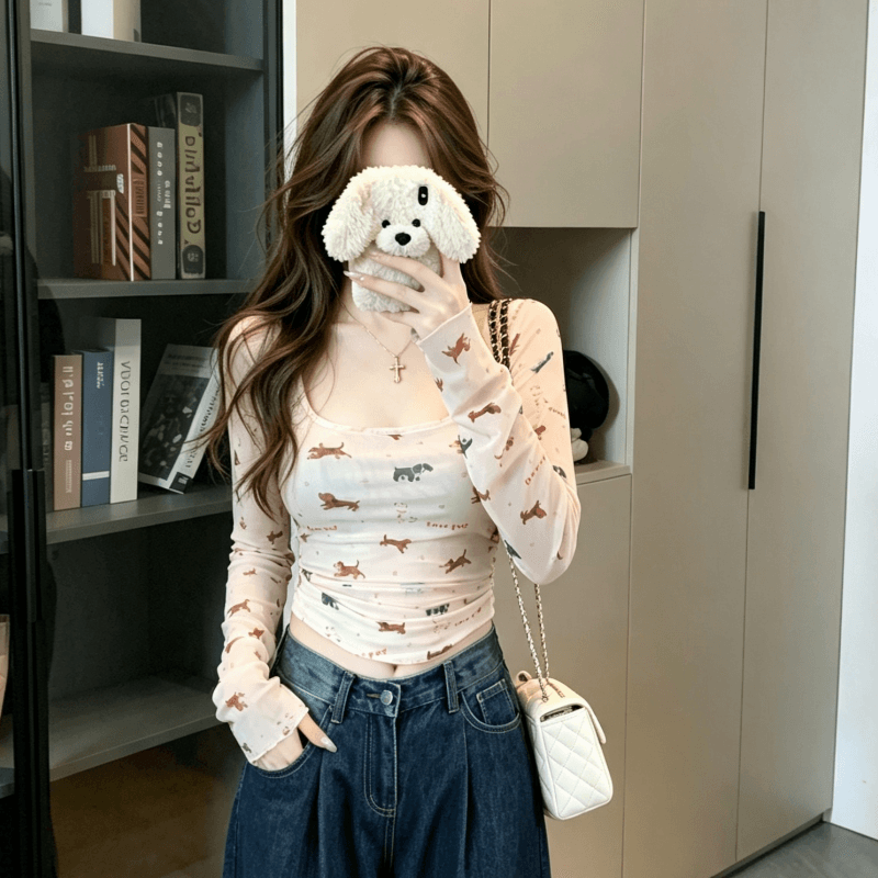 실사 달콤한 매운맛 강아지 프린트 u 칼라 백리스 긴팔 티셔츠 여성 가을 한 부서 허리 수축 슬림해 보이는 맨위 이미지 2