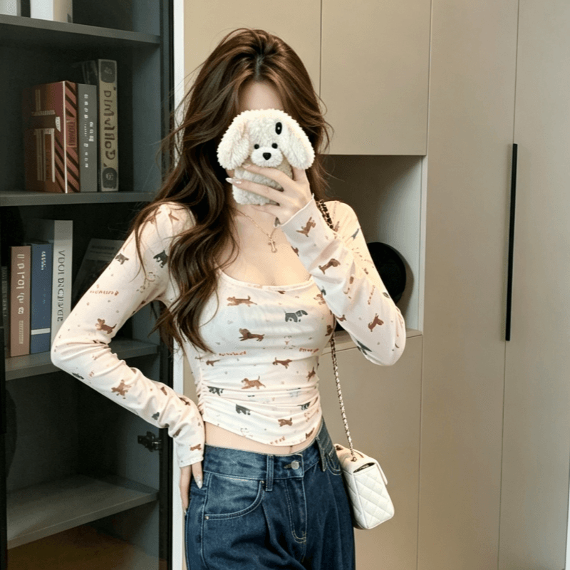 실사 달콤한 매운맛 강아지 프린트 u 칼라 백리스 긴팔 티셔츠 여성 가을 한 부서 허리 수축 슬림해 보이는 맨위 이미지 5