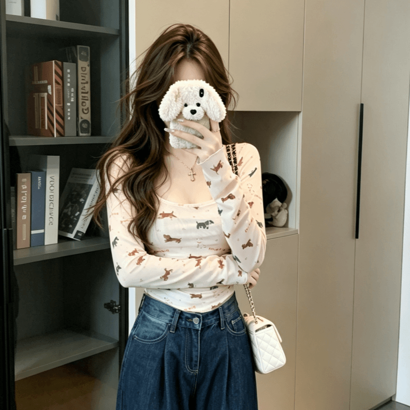 실사 달콤한 매운맛 강아지 프린트 u 칼라 백리스 긴팔 티셔츠 여성 가을 한 부서 허리 수축 슬림해 보이는 맨위 이미지 3