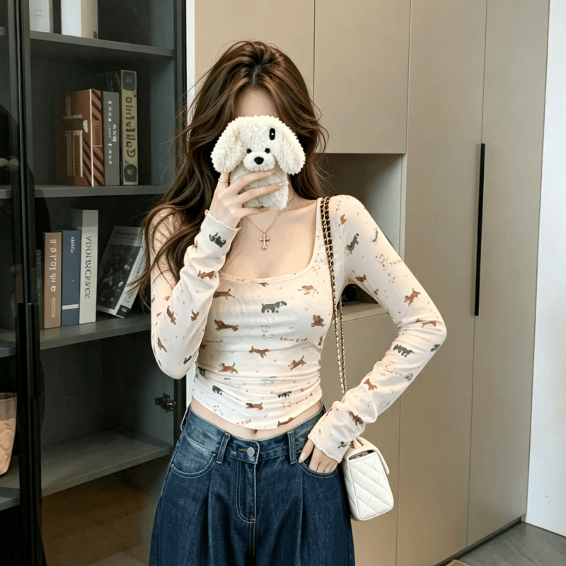 실사 달콤한 매운맛 강아지 프린트 u 칼라 백리스 긴팔 티셔츠 여성 가을 한 부서 허리 수축 슬림해 보이는 맨위 이미지 4