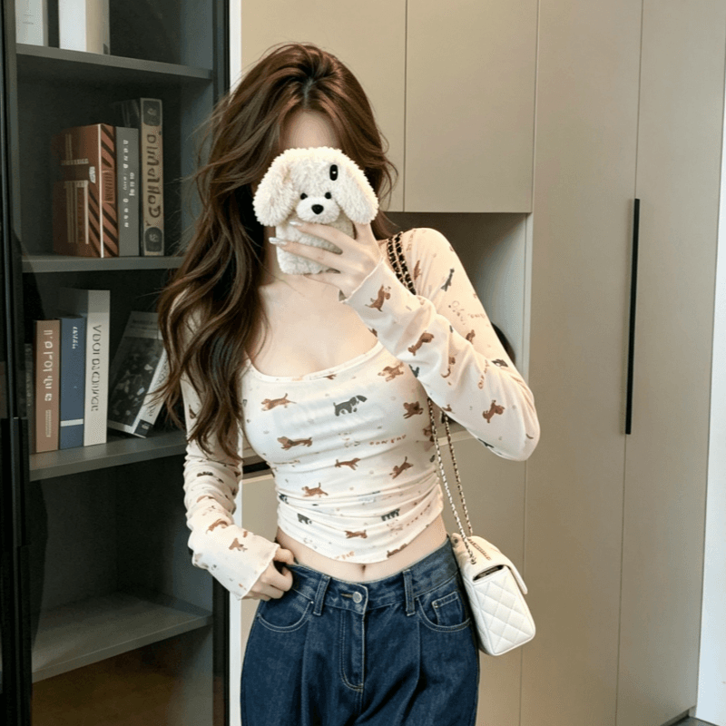 실사 달콤한 매운맛 강아지 프린트 u 칼라 백리스 긴팔 티셔츠 여성 가을 한 부서 허리 수축 슬림해 보이는 맨위 상세 이미지 7