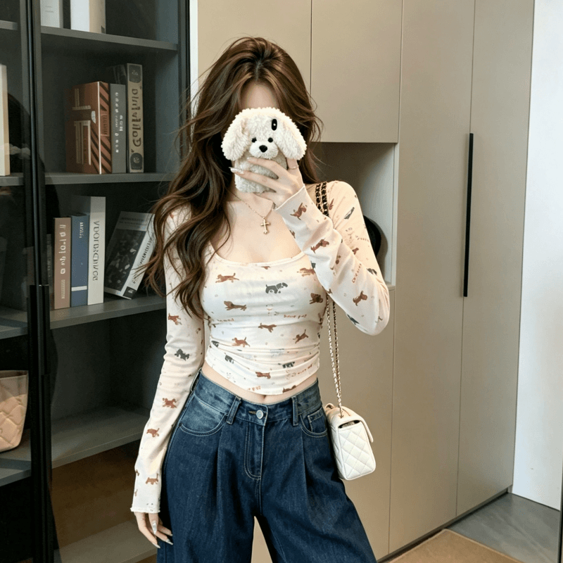 실사 달콤한 매운맛 강아지 프린트 u 칼라 백리스 긴팔 티셔츠 여성 가을 한 부서 허리 수축 슬림해 보이는 맨위 상세 이미지 9