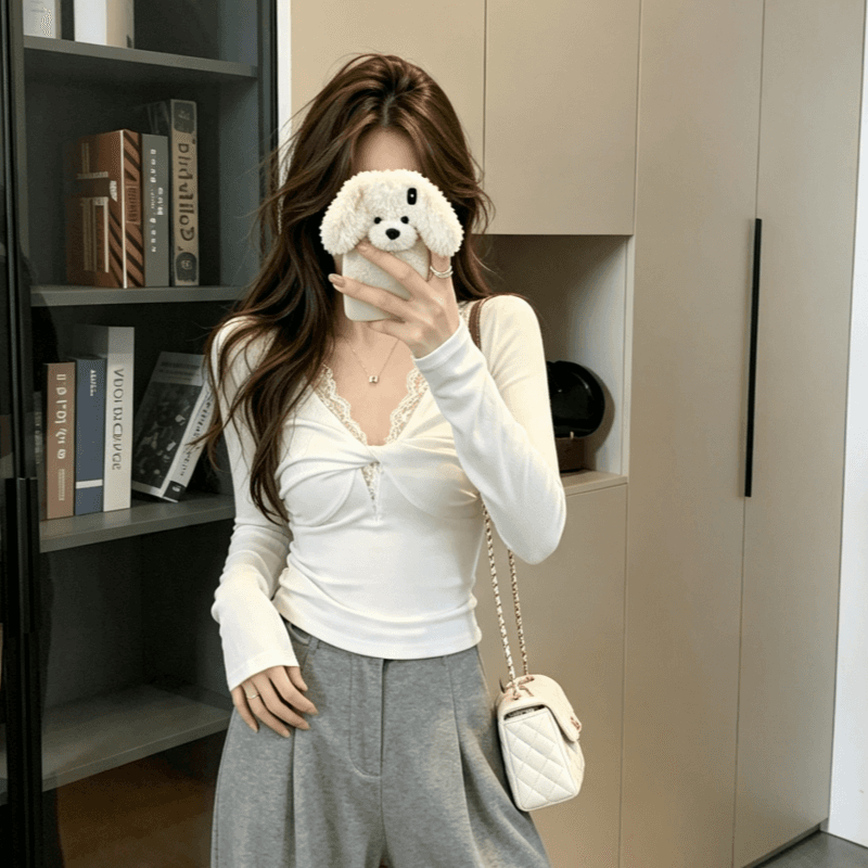 실사 화이트 레이스 V넥 비틀림 기본 셔츠 여성 가을 인사이드 가져 가라. 고유 한 핫걸 긴팔 맨위 상세 이미지 8