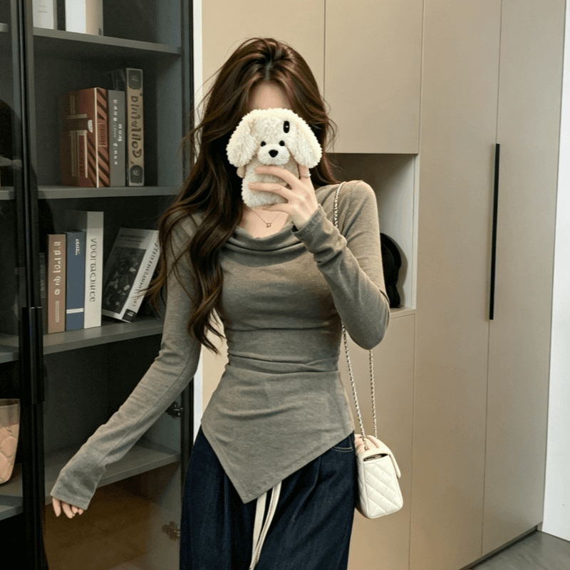 실사 가을 2026 품격 고급 센스 회색 기본 셔츠 긴팔 티셔츠 여성 불규칙 몸매 가꾸기 허리 수축 맨위 상세 이미지 3