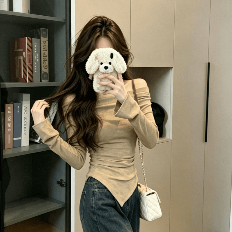 실사 가을 2026 품격 고급 센스 회색 기본 셔츠 긴팔 티셔츠 여성 불규칙 몸매 가꾸기 허리 수축 맨위 상세 이미지 5