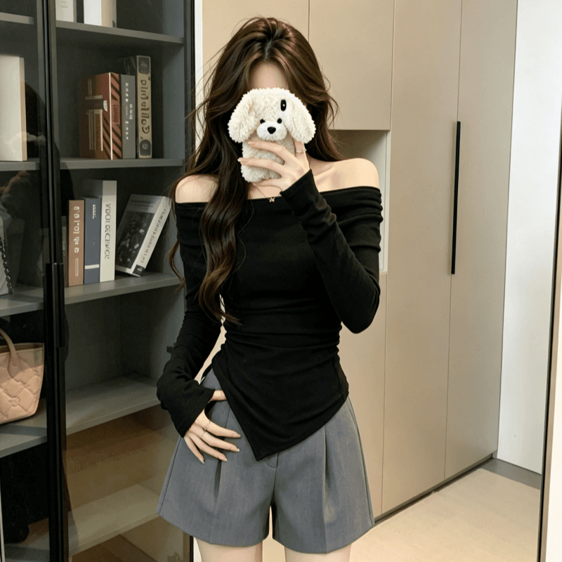 실사 한 부서 고급 센스 오프숄더 긴팔 몸매 가꾸기 슬림해 보이는 인사이드 가져 가라. 만나는 맨위 불규칙 티셔츠 여성 이미지 2