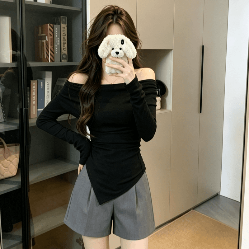 실사 한 부서 고급 센스 오프숄더 긴팔 몸매 가꾸기 슬림해 보이는 인사이드 가져 가라. 만나는 맨위 불규칙 티셔츠 여성 이미지 5