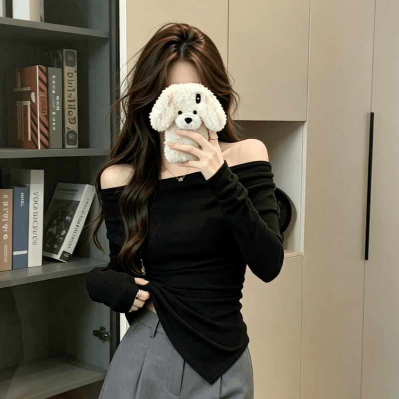 실사 한 부서 고급 센스 오프숄더 긴팔 몸매 가꾸기 슬림해 보이는 인사이드 가져 가라. 만나는 맨위 불규칙 티셔츠 여성 상세 이미지 5