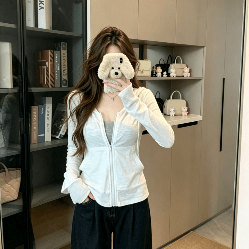 실사 달콤한 스타일 화이트 후드 긴팔 여성 코트 이른 가을 작은 대중 chic 캐주얼 지퍼 맨위 상세 이미지 1
