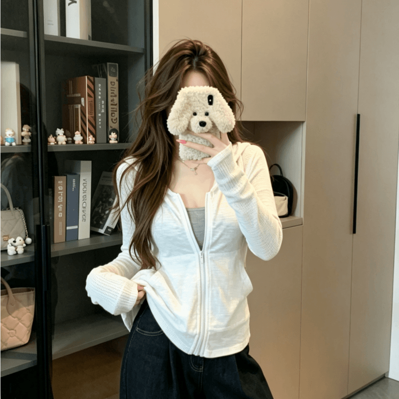 실사 달콤한 스타일 화이트 후드 긴팔 여성 코트 이른 가을 작은 대중 chic 캐주얼 지퍼 맨위 상세 이미지 3
