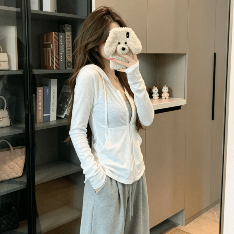 실사 달콤한 스타일 화이트 후드 긴팔 여성 코트 이른 가을 작은 대중 chic 캐주얼 지퍼 맨위 상세 이미지 10