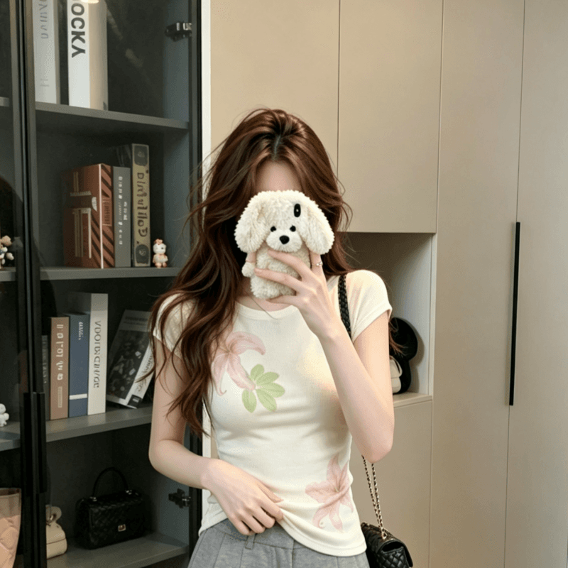 실사 모달 아메리칸 핫걸 반팔 티셔츠 여성 여름 꽃 프린트 디자인 센스 몸매 가꾸기 슬림해 보이는 라운드 넥 맨위 이미지 2