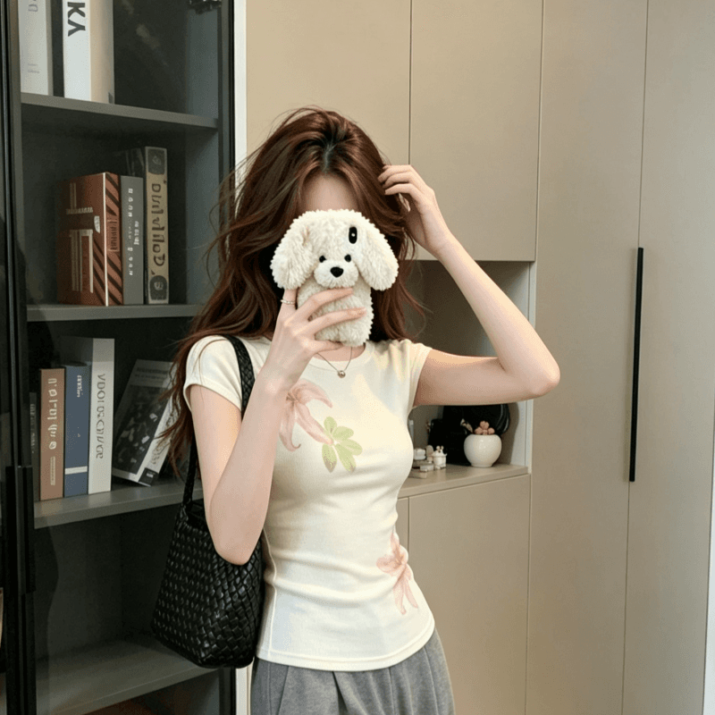 실사 모달 아메리칸 핫걸 반팔 티셔츠 여성 여름 꽃 프린트 디자인 센스 몸매 가꾸기 슬림해 보이는 라운드 넥 맨위 상세 이미지 1