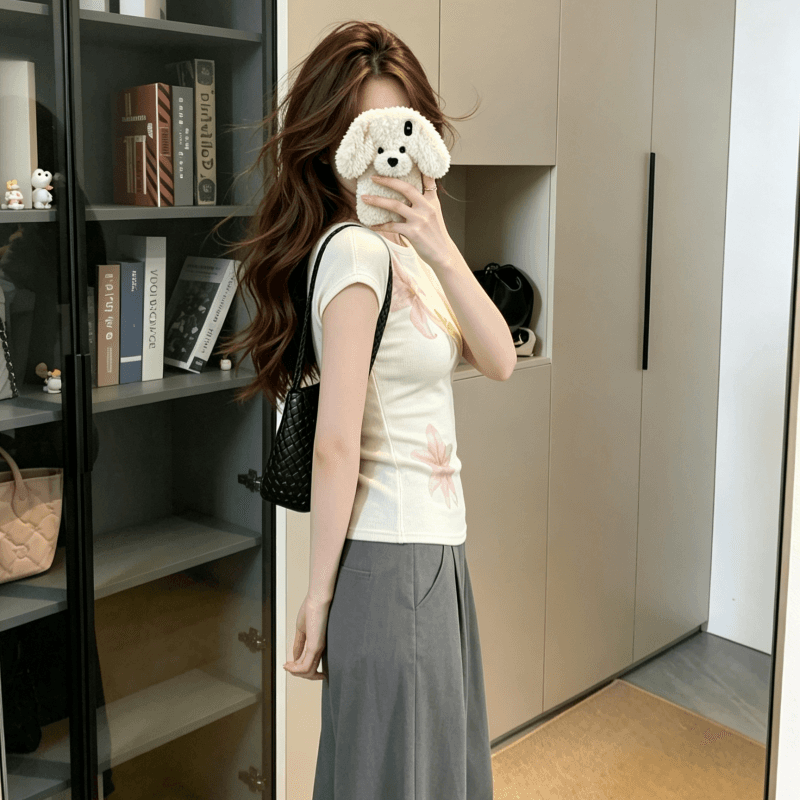 실사 모달 아메리칸 핫걸 반팔 티셔츠 여성 여름 꽃 프린트 디자인 센스 몸매 가꾸기 슬림해 보이는 라운드 넥 맨위 상세 이미지 6