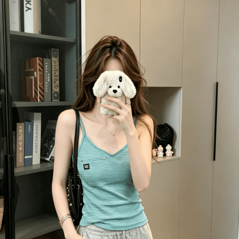 실사 순면 아메리칸 핫걸 작은 대중 디자인 몸매 가꾸기 슬림해 보이는 여성 여름 화이트 녹색 스트라이프 u 칼라 몸매 가꾸기 조끼 맨위