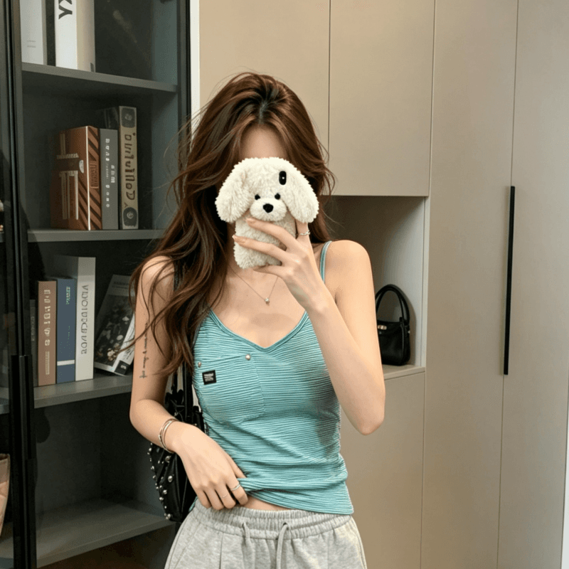 실사 순면 아메리칸 핫걸 작은 대중 디자인 몸매 가꾸기 슬림해 보이는 여성 여름 화이트 녹색 스트라이프 u 칼라 몸매 가꾸기 조끼 맨위 이미지 2