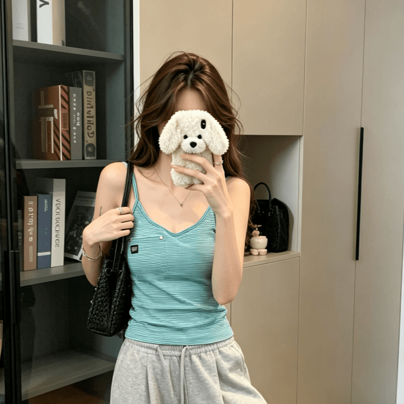 실사 순면 아메리칸 핫걸 작은 대중 디자인 몸매 가꾸기 슬림해 보이는 여성 여름 화이트 녹색 스트라이프 u 칼라 몸매 가꾸기 조끼 맨위 이미지 3