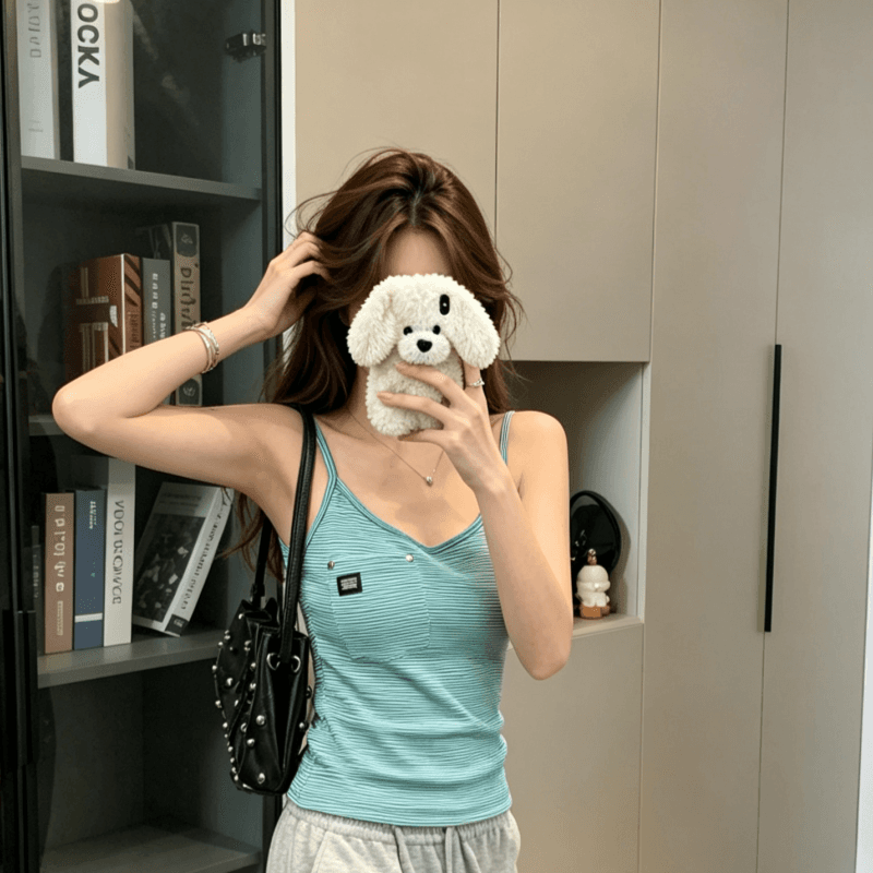 실사 순면 아메리칸 핫걸 작은 대중 디자인 몸매 가꾸기 슬림해 보이는 여성 여름 화이트 녹색 스트라이프 u 칼라 몸매 가꾸기 조끼 맨위 상세 이미지 2