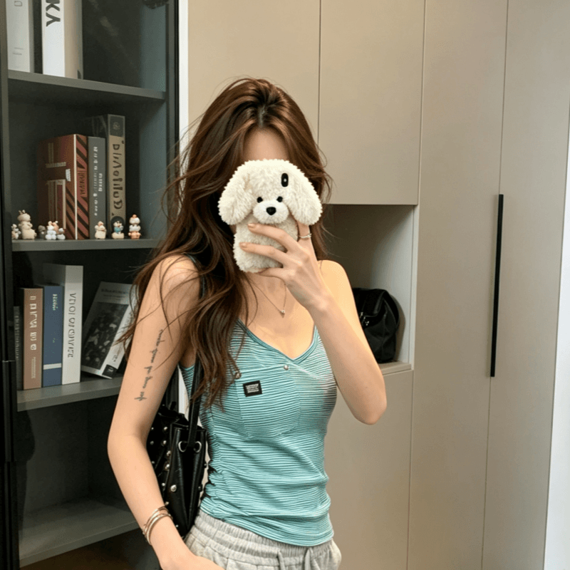 실사 순면 아메리칸 핫걸 작은 대중 디자인 몸매 가꾸기 슬림해 보이는 여성 여름 화이트 녹색 스트라이프 u 칼라 몸매 가꾸기 조끼 맨위 상세 이미지 5