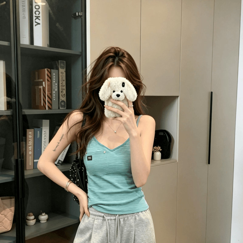 실사 순면 아메리칸 핫걸 작은 대중 디자인 몸매 가꾸기 슬림해 보이는 여성 여름 화이트 녹색 스트라이프 u 칼라 몸매 가꾸기 조끼 맨위 상세 이미지 6