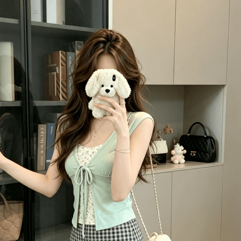 실사 한국 스타일 달콤한 스타일 페이크 레이어드 V넥 반팔 티셔츠 여성 여름 작은 청신 레이스업 연령 감소 맨위 상세 이미지 2