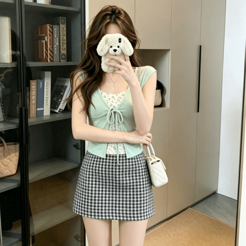 실사 한국 스타일 달콤한 스타일 페이크 레이어드 V넥 반팔 티셔츠 여성 여름 작은 청신 레이스업 연령 감소 맨위 상세 이미지 5