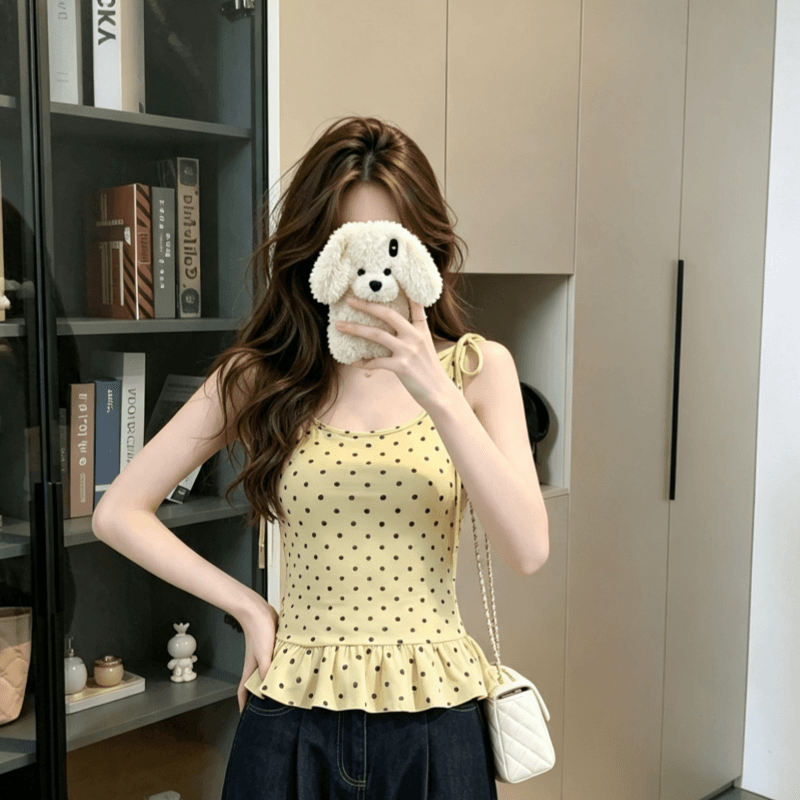 실사 모달 도트 무늬 스트랩 디자인 센스 민소매 조끼 여성 연꽃 잎 레이스 허리 수축 슬림해 보이는 슬립 맨위 이미지 4