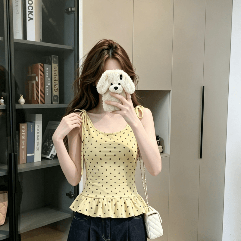 실사 모달 도트 무늬 스트랩 디자인 센스 민소매 조끼 여성 연꽃 잎 레이스 허리 수축 슬림해 보이는 슬립 맨위 상세 이미지 5