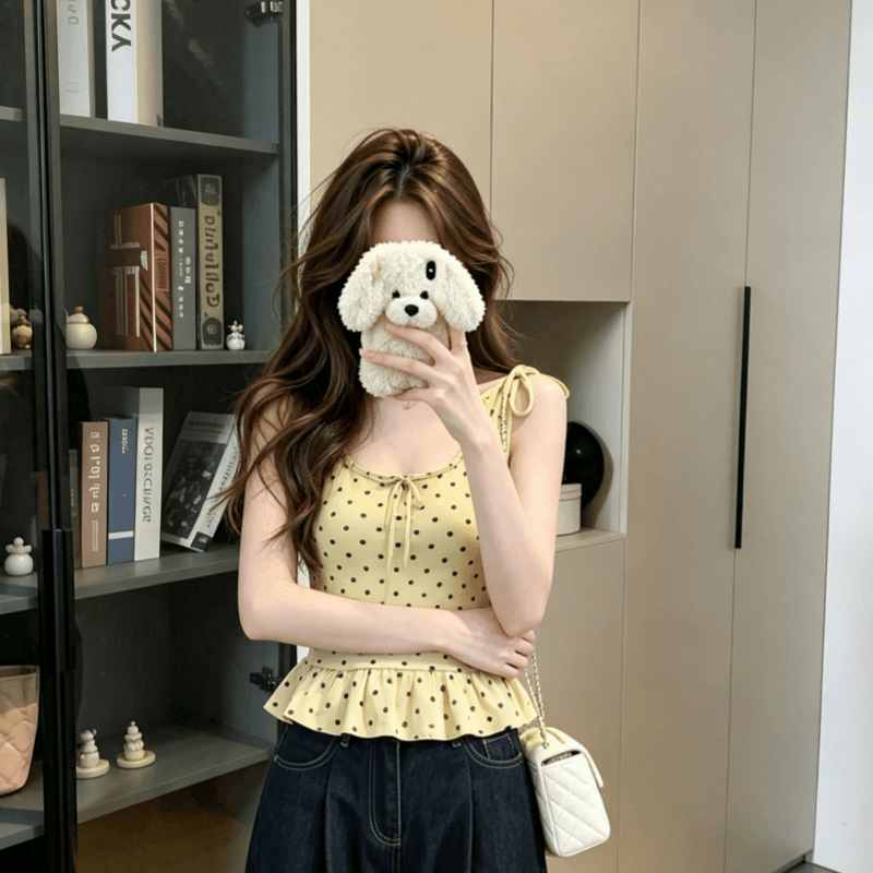 실사 모달 도트 무늬 스트랩 디자인 센스 민소매 조끼 여성 연꽃 잎 레이스 허리 수축 슬림해 보이는 슬립 맨위 상세 이미지 6