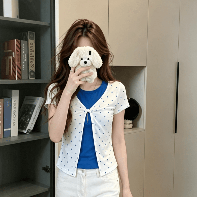 실사 한 부서 배색 페이크 레이어드 도트 무늬 긍정적 인 어깨 반팔 티셔츠 여성 여름 핫걸 바람 몸매 가꾸기 슬림해 보이는 맨위 이미지 2