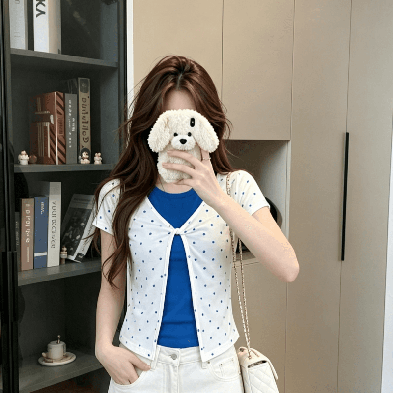 실사 한 부서 배색 페이크 레이어드 도트 무늬 긍정적 인 어깨 반팔 티셔츠 여성 여름 핫걸 바람 몸매 가꾸기 슬림해 보이는 맨위 상세 이미지 1