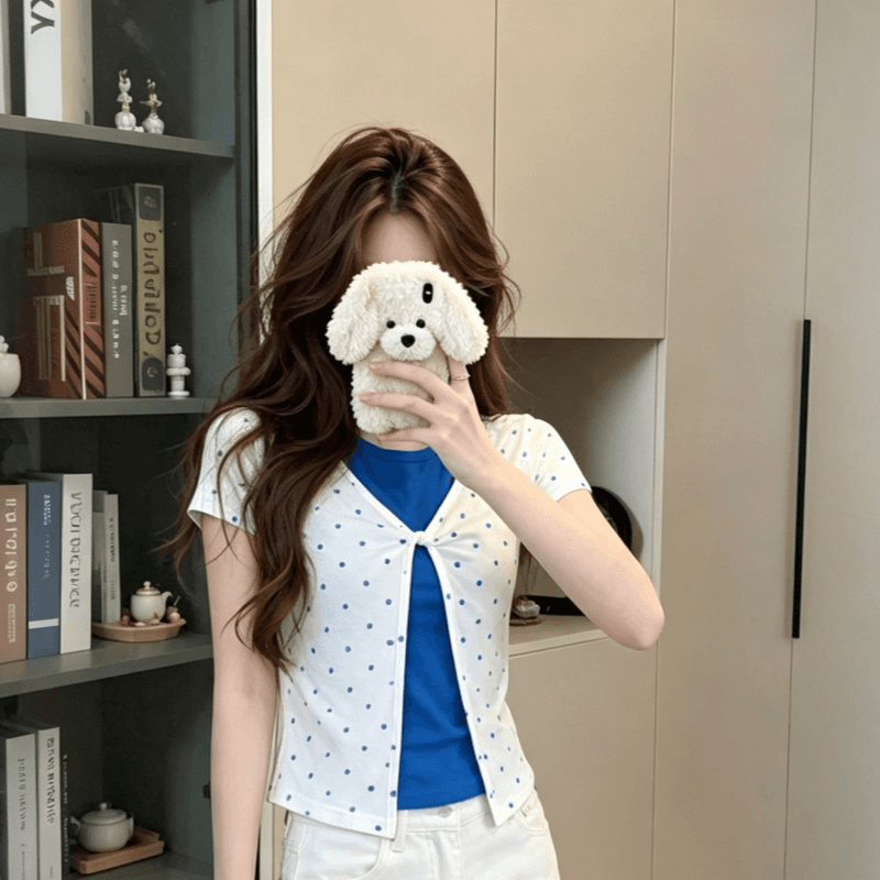 실사 한 부서 배색 페이크 레이어드 도트 무늬 긍정적 인 어깨 반팔 티셔츠 여성 여름 핫걸 바람 몸매 가꾸기 슬림해 보이는 맨위 상세 이미지 2