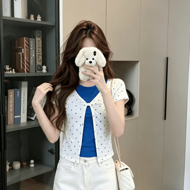 실사 한 부서 배색 페이크 레이어드 도트 무늬 긍정적 인 어깨 반팔 티셔츠 여성 여름 핫걸 바람 몸매 가꾸기 슬림해 보이는 맨위 상세 이미지 3