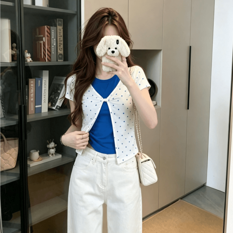 실사 한 부서 배색 페이크 레이어드 도트 무늬 긍정적 인 어깨 반팔 티셔츠 여성 여름 핫걸 바람 몸매 가꾸기 슬림해 보이는 맨위 상세 이미지 5