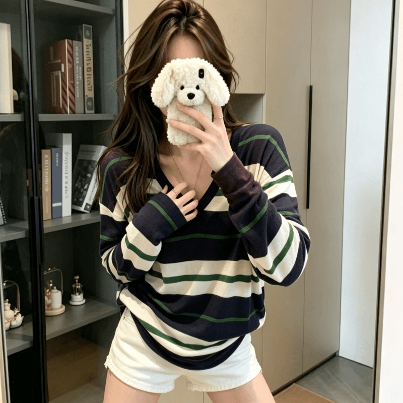 실사 정가 이른 가을 느긋한 와 성별 레트로 와이드 스트라이프 배색 V넥 긴팔 티셔츠 맨위 상세 이미지 3