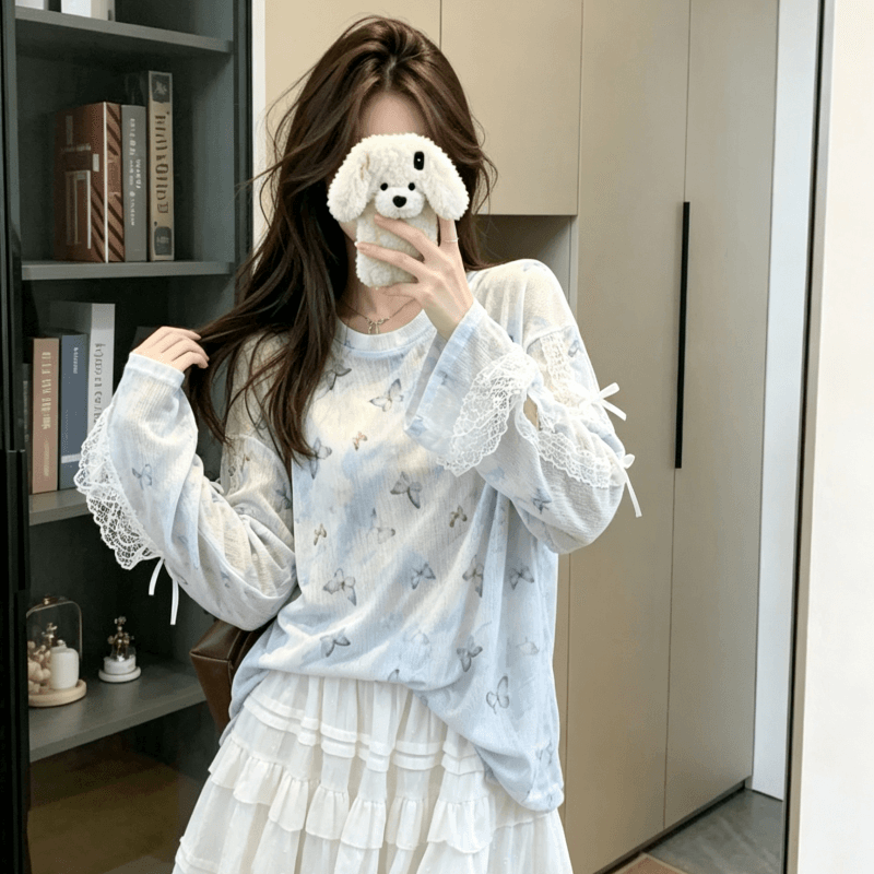 실사 파란색 나비 프린트 블라우스 티셔츠 여성 가을 작은 대중 캐주얼 루즈핏 얇은 스타일 자외선 차단 맨위 이미지 3
